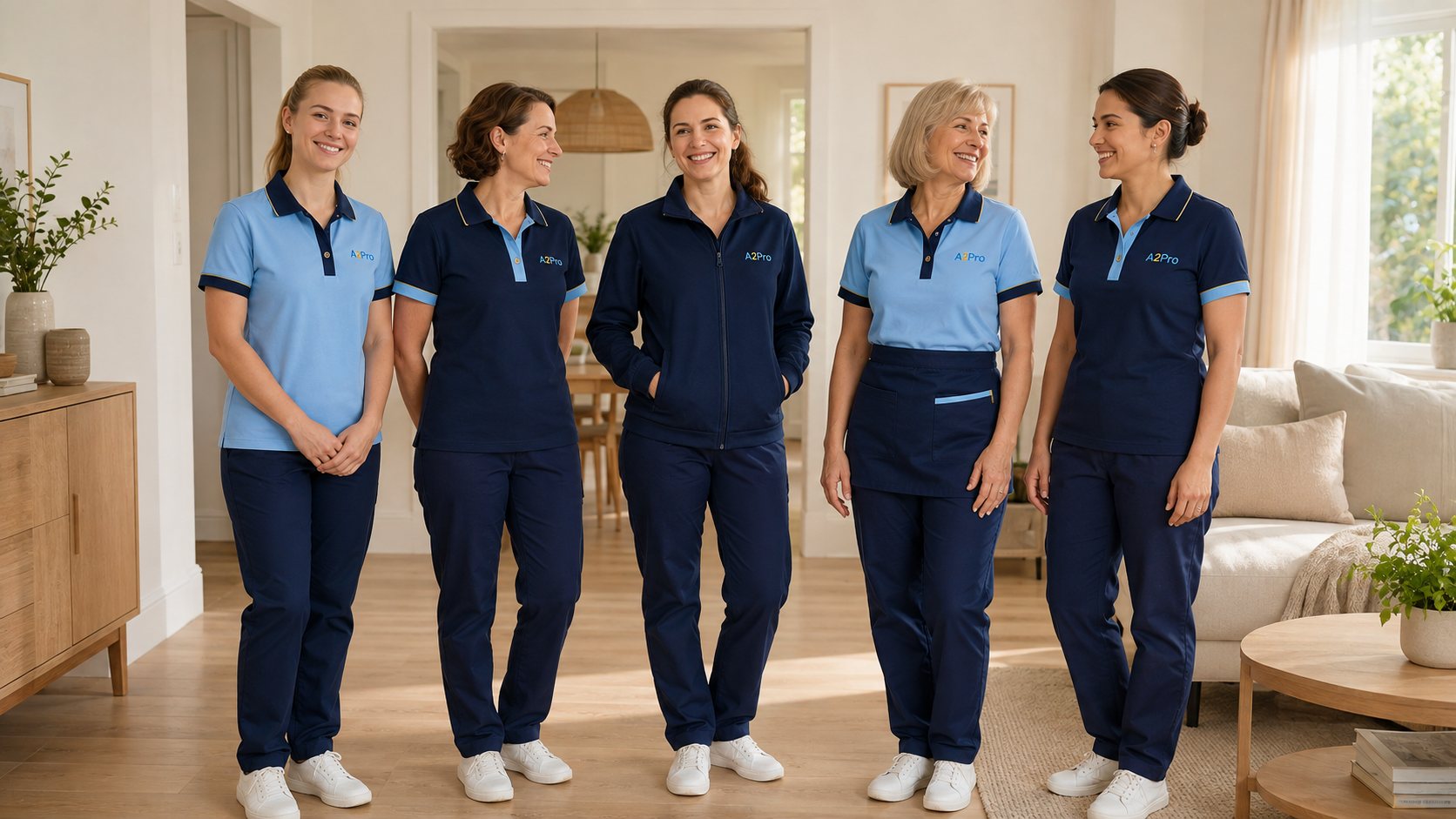 The A2Pro cleaning team — five women in light-blue and navy uniforms, standing together in a bright living room